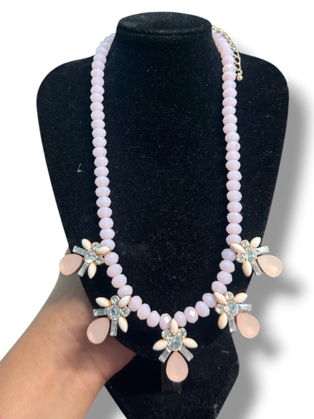 Natasha Pink Crystal Statement Necklace Floral Beaded Bib Gold Tone Rhinestone 1